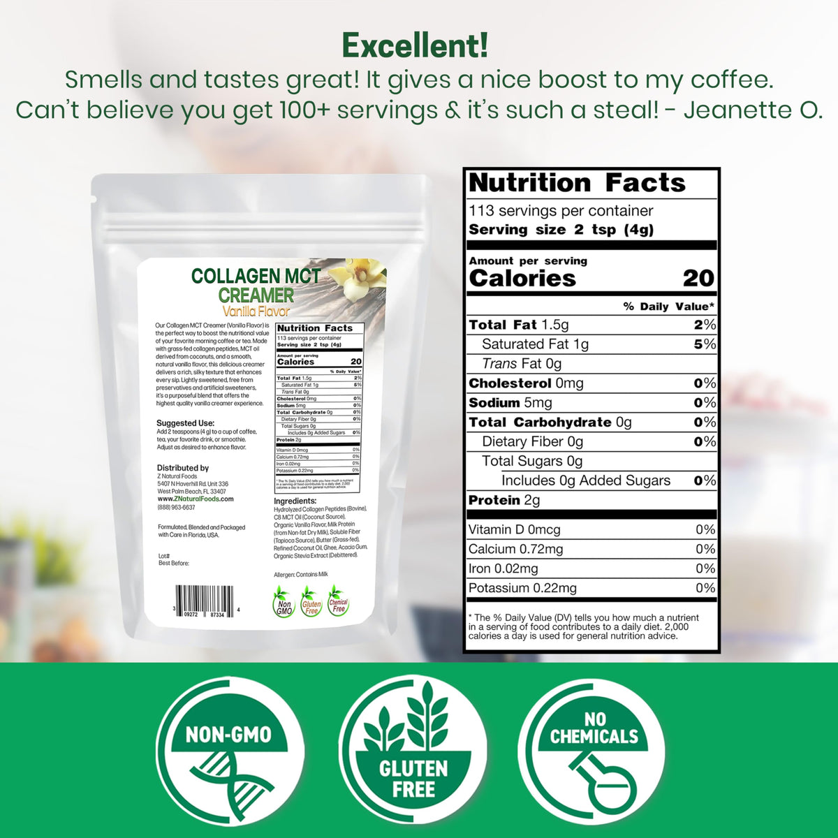 Z Natural Foods Crème en Poudre Collagène MCT Vanille 472g emballage