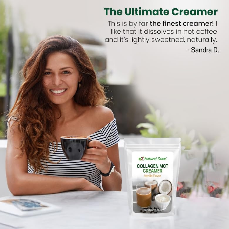 Z Natural Foods Crème en Poudre Collagène MCT Vanille 472g sur une table