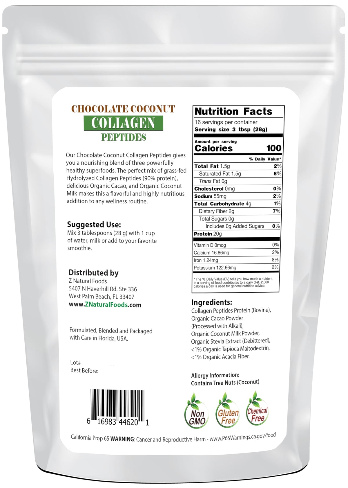 Z Natural Foods Peptides de Collagène Chocolat et Lait de Coco 472g en poudre sur une cuillère