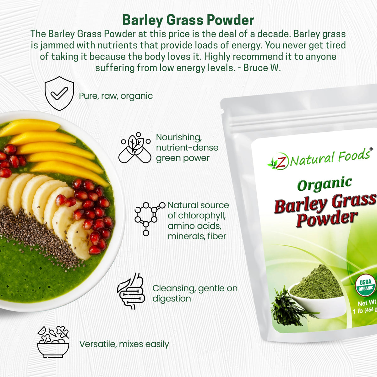 Z Natural Foods Poudre de Paille d'Orge Biologique 480g en usage dans un smoothie
