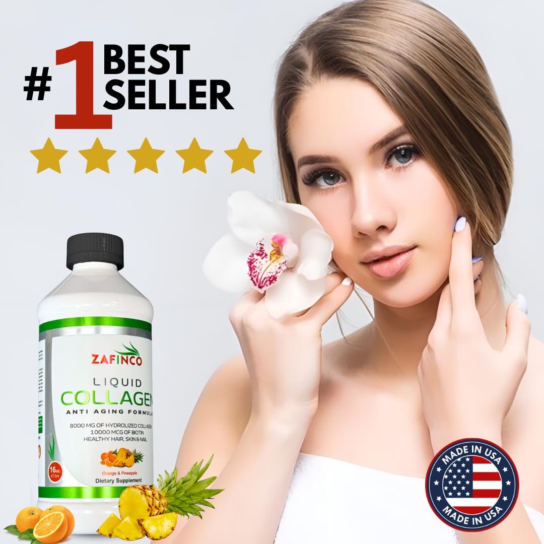 ZAFiNCO collagène liquide 10000 mcg biotine 8000 mg avec fruits frais en arrière-plan