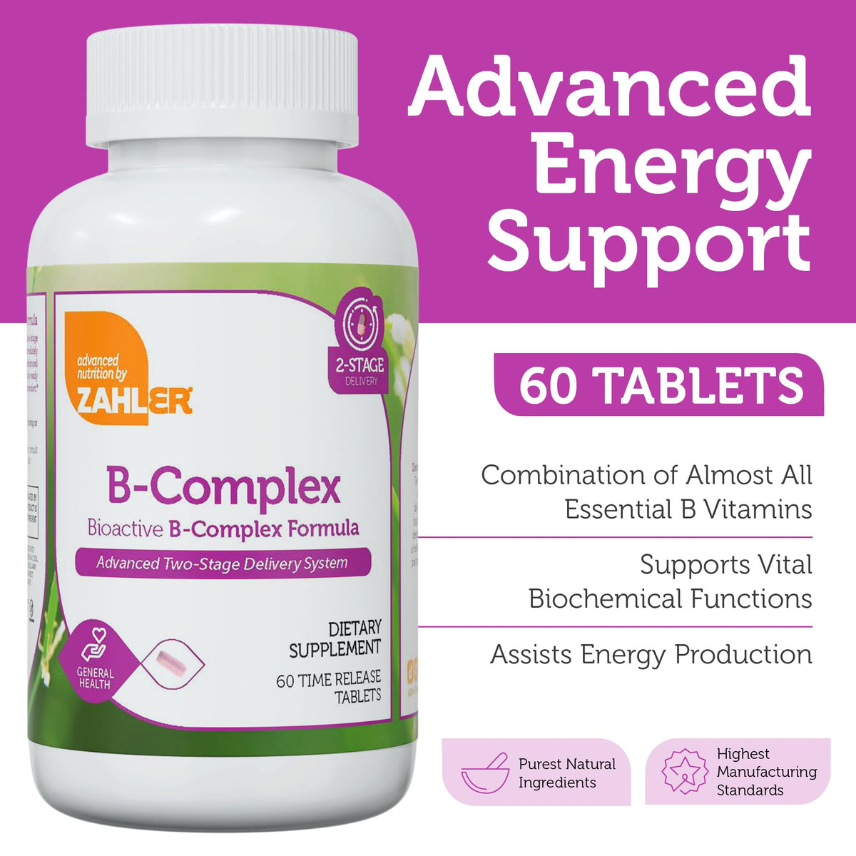 Zahler B-Complex 60 tablettes vue de côté avec informations nutritionnelles