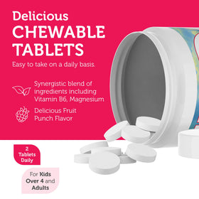 Zahler ChildCalm, tablettes à mâcher au goût framboise sur une table