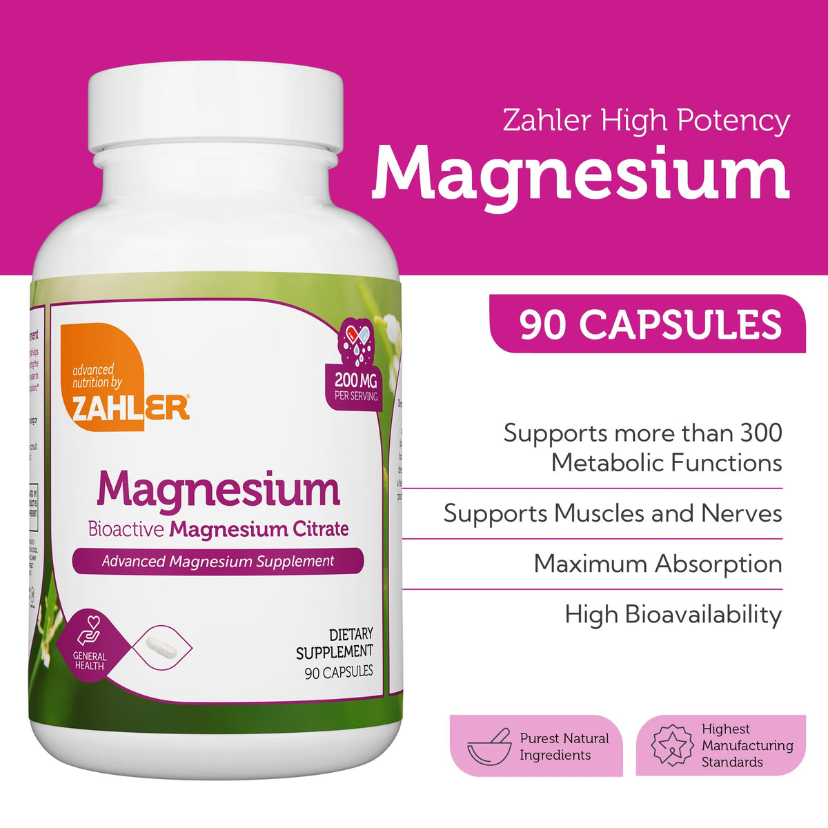 Zahler Complément Alimentaire Magnésium 200 mg côté gauche