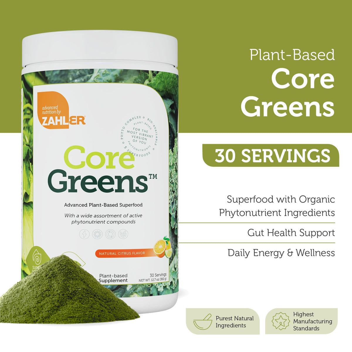 Zahler Core Greens poudre de super-aliments bio 440g avec cuillère