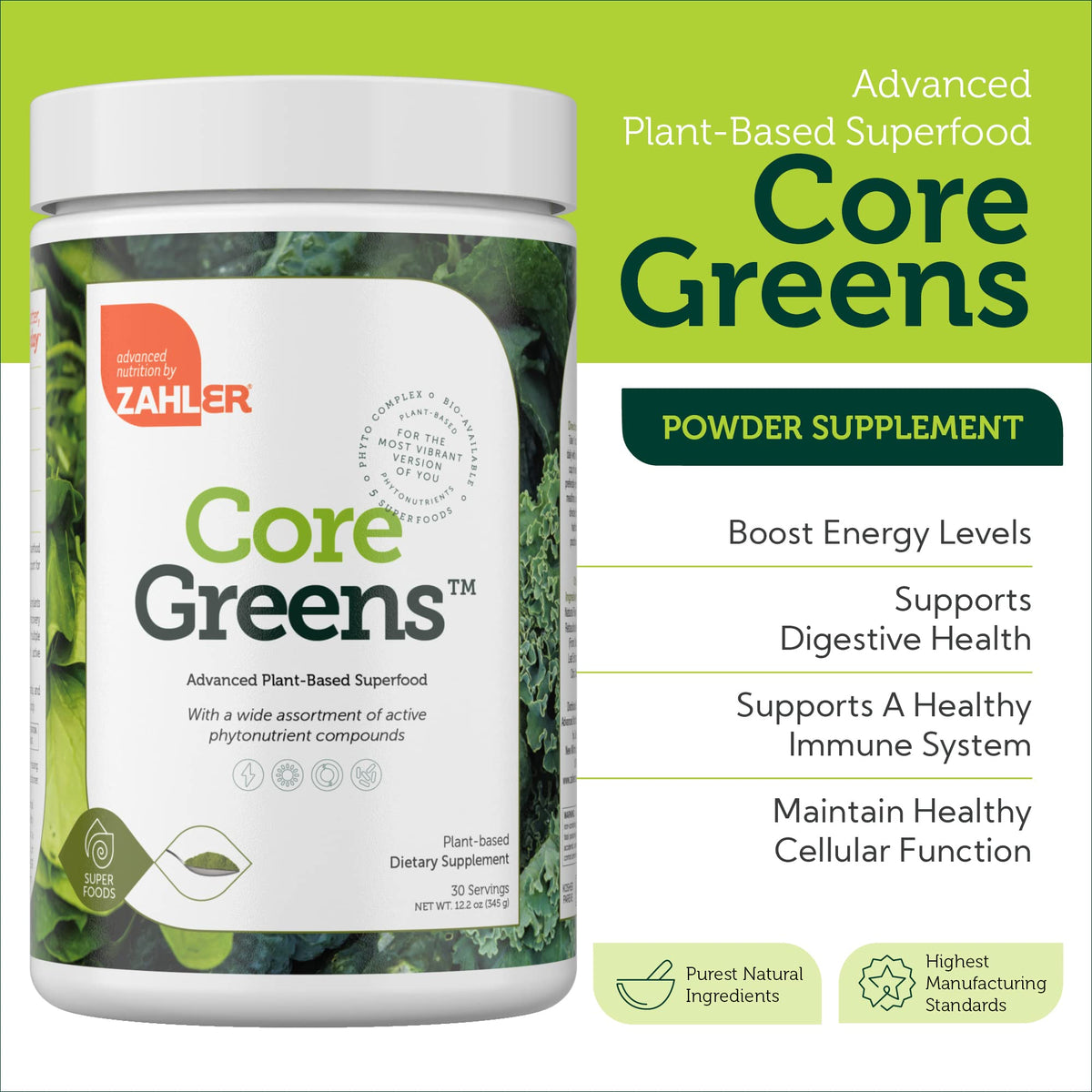 Zahler Core Greens Poudre Superaliment 399g en préparation de smoothie