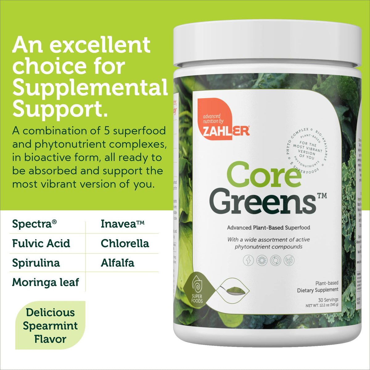 Zahler Core Greens Poudre Superaliment 399g en verre avec eau