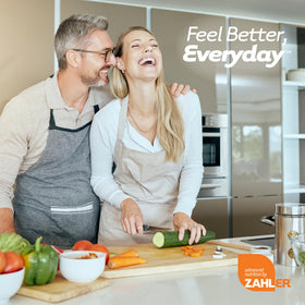 Zahler Enzymes Après Repas, comprimés à mâcher avec fruits en arrière-plan