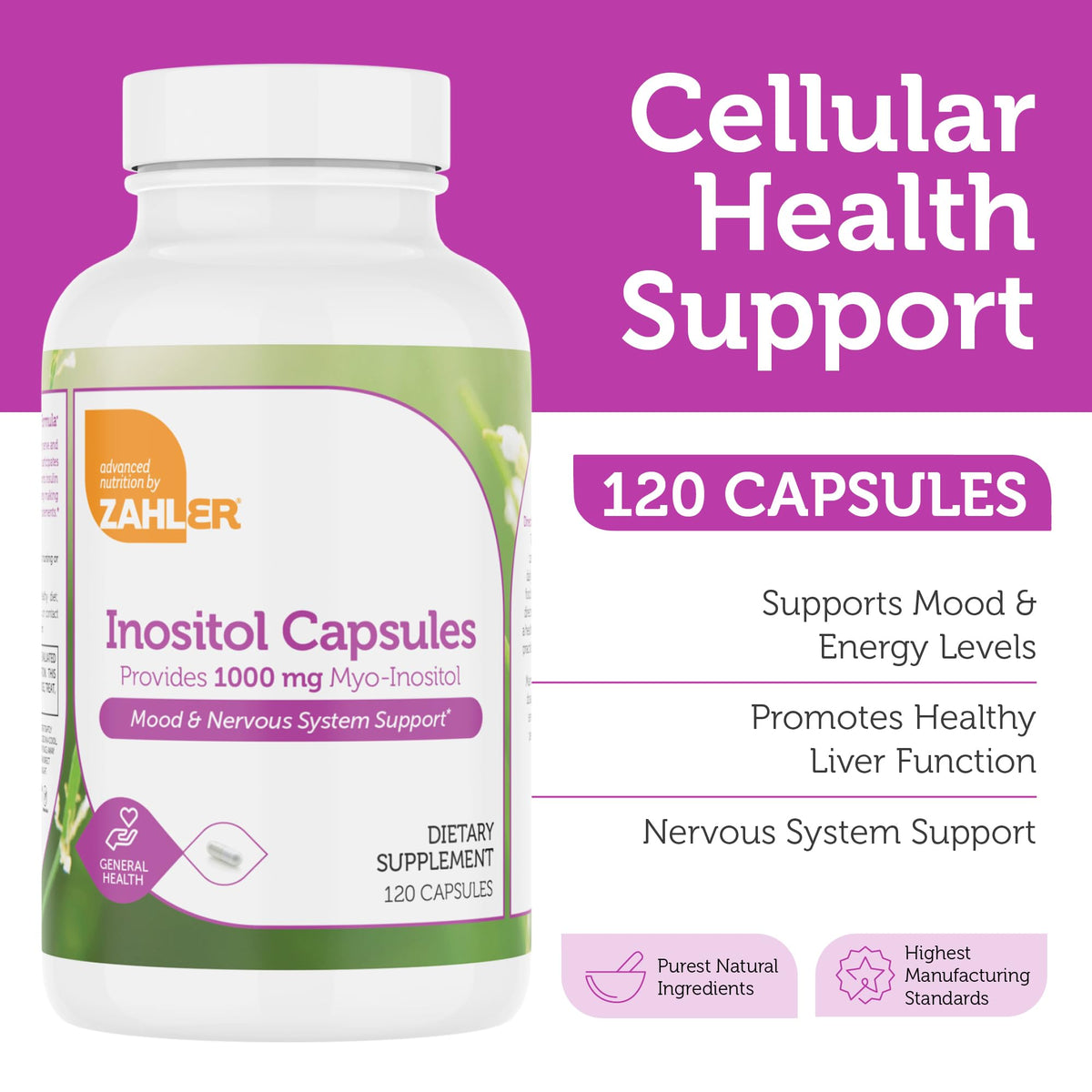 Zahler Inositol 1000mg capsules sur fond blanc