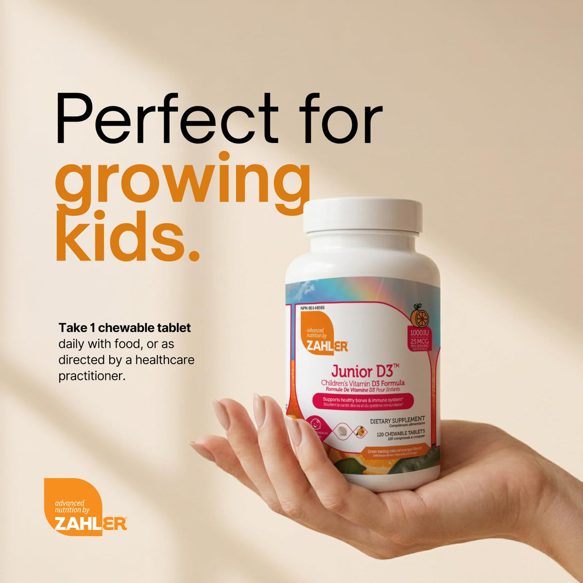 Zahler Junior D3, présentation des tablettes à mâcher dans un bol
