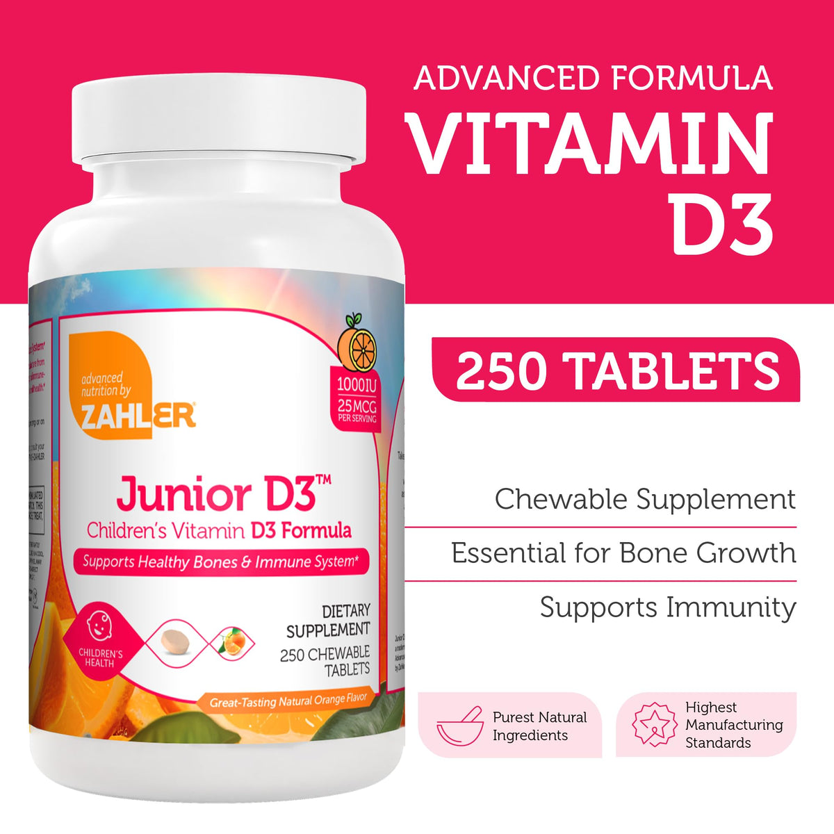 Zahler Junior D3 Vitamines 1000 IU présentation des comprimés à mâcher