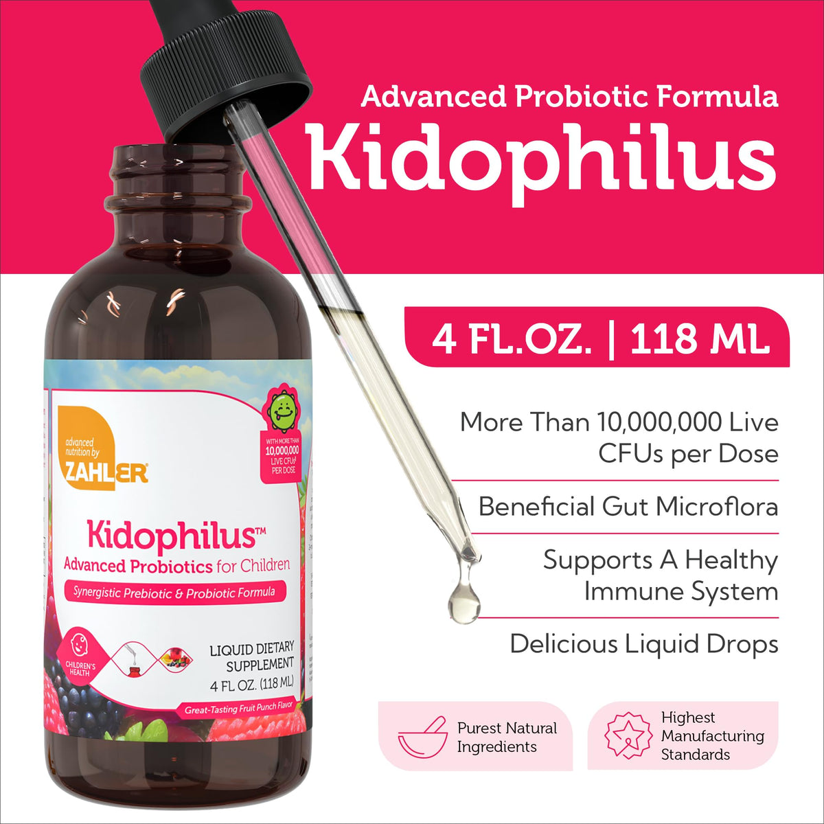 Zahler Kidophilus gouttes liquides probiotiques 4 Fl Oz, vue de côté