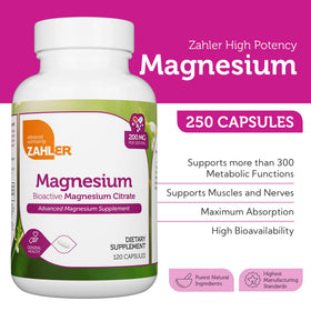 Zahler Magnésium 200 mg bouteille ouverte avec capsules