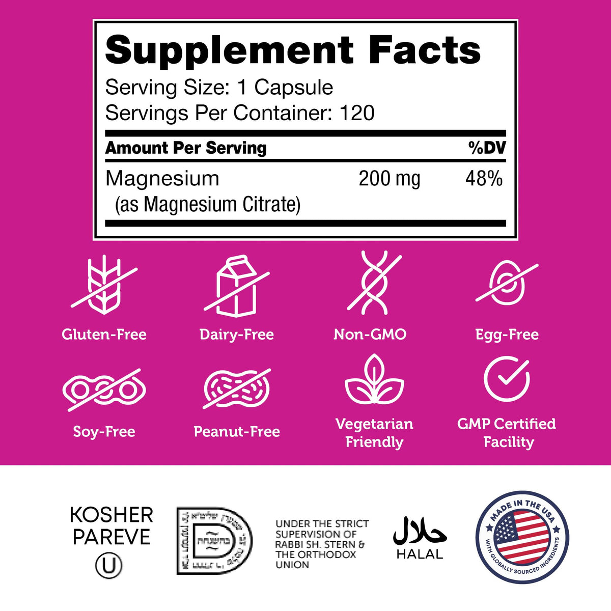 Zahler Magnésium Citrate 200 mg capsules et ingrédients sur la table