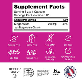Zahler Magnésium Citrate 200 mg capsules et ingrédients sur la table