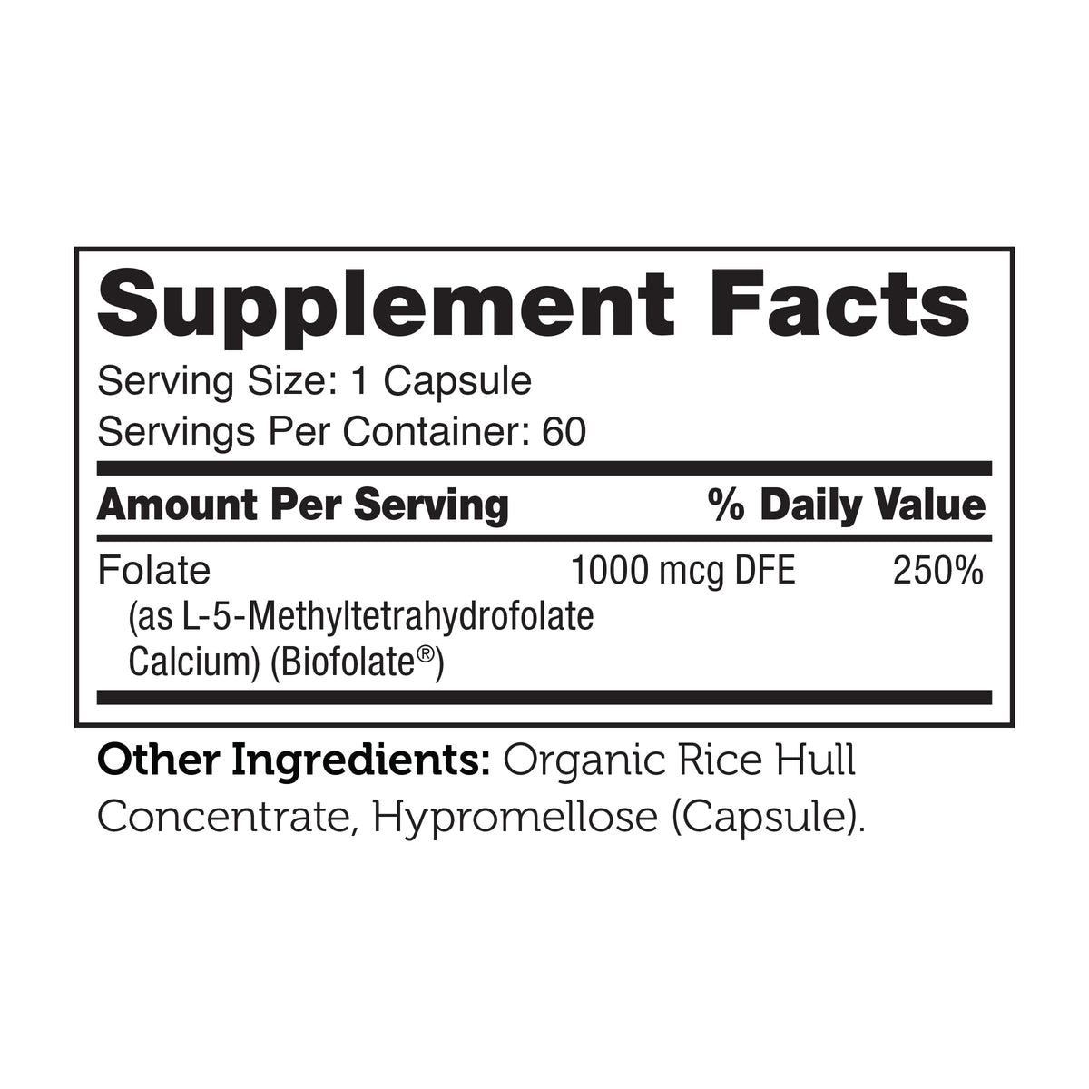 Zahler Methylfolate 1000 mcg étiquette avec informations nutritionnelles