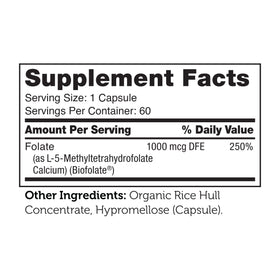 Zahler Methylfolate 1000 mcg étiquette avec informations nutritionnelles