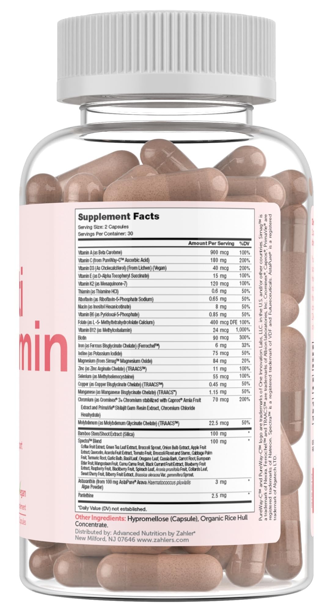 Zahler Multivitamine Beauté capsules ouvertes montrant leur taille