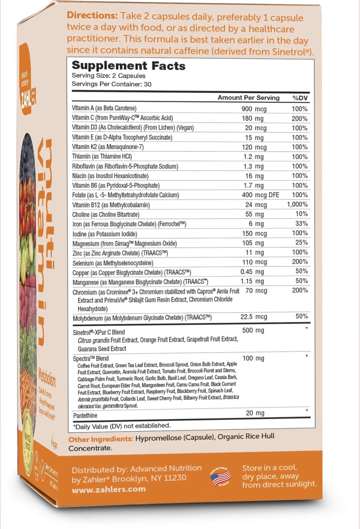 Zahler Multivitamine Métabolisme 60 Capsules détails des ingrédients