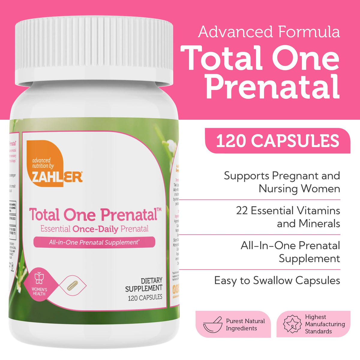 Zahler Prénatals 120 Capsules avec ingrédients sur l'emballage