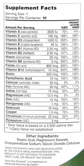 Zahler Total One Vitamines Prénatales sur fond blanc