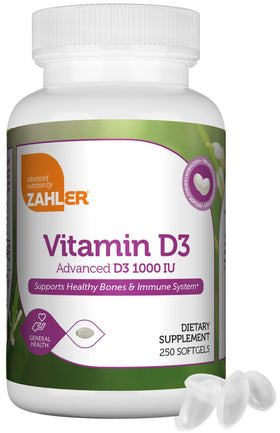 Zahler Vitamine D3 1000 IU 250 gélules végétariennes, vue de face