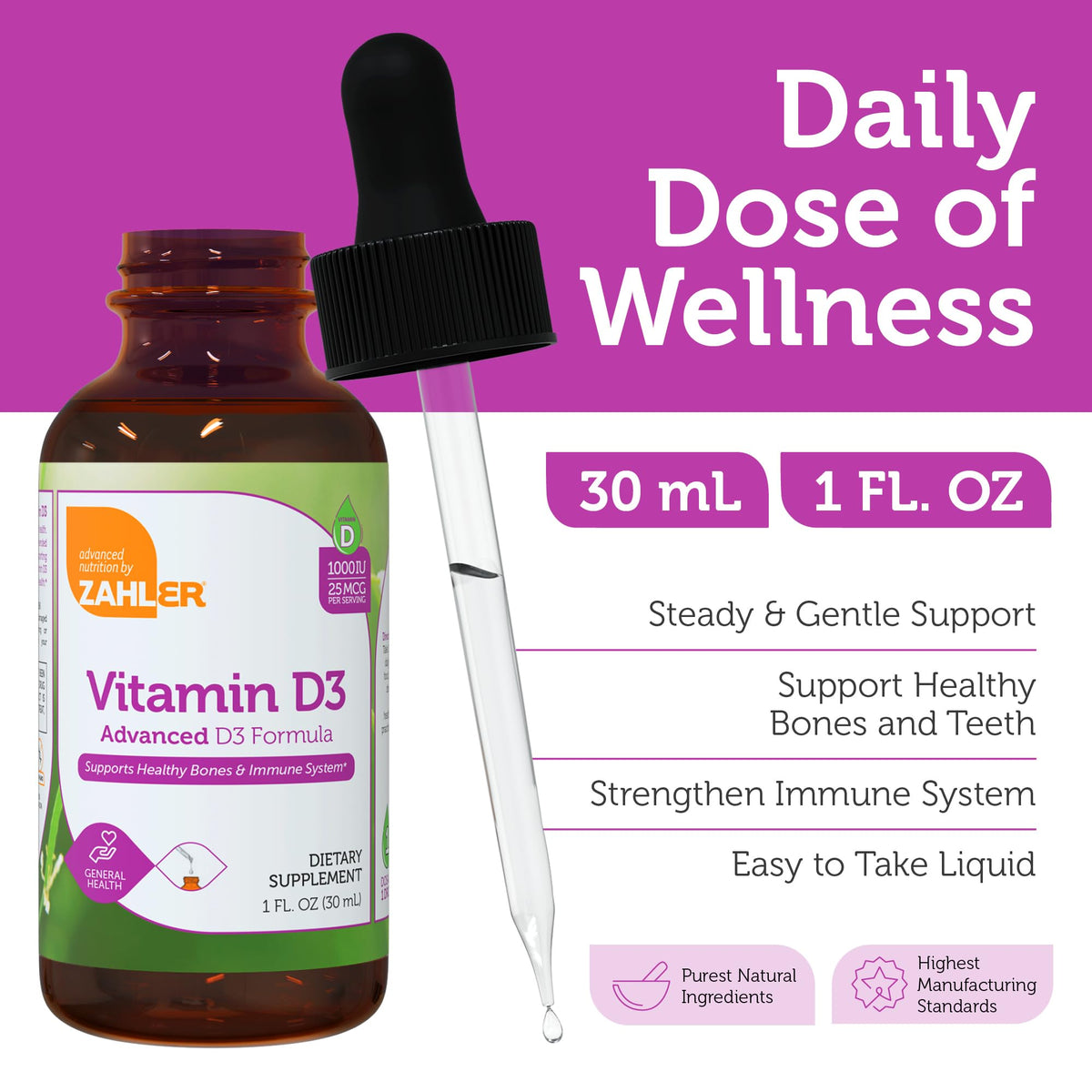 Zahler Vitamine D3 1000 IU 30 ml étiquette