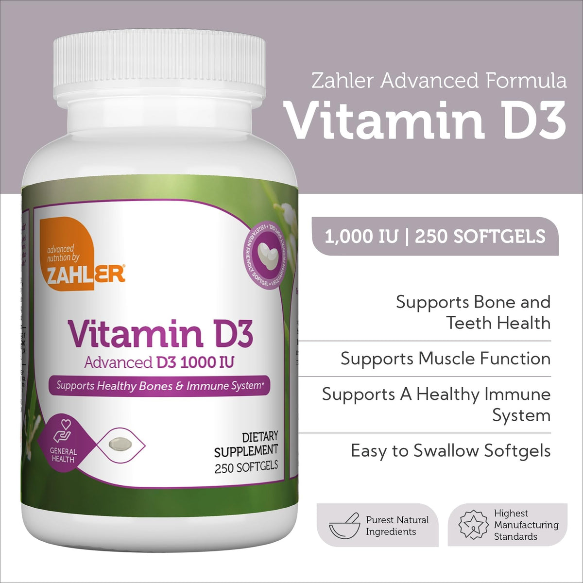 Zahler Vitamine D3 1000 IU, vue arrière du flacon