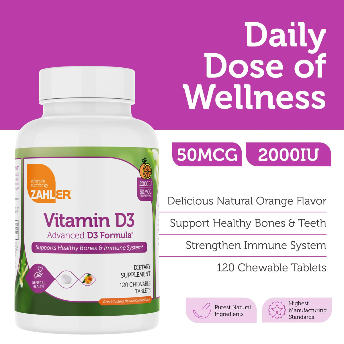 Zahler Vitamine D3 2000UI comprimés orange avec étiquette