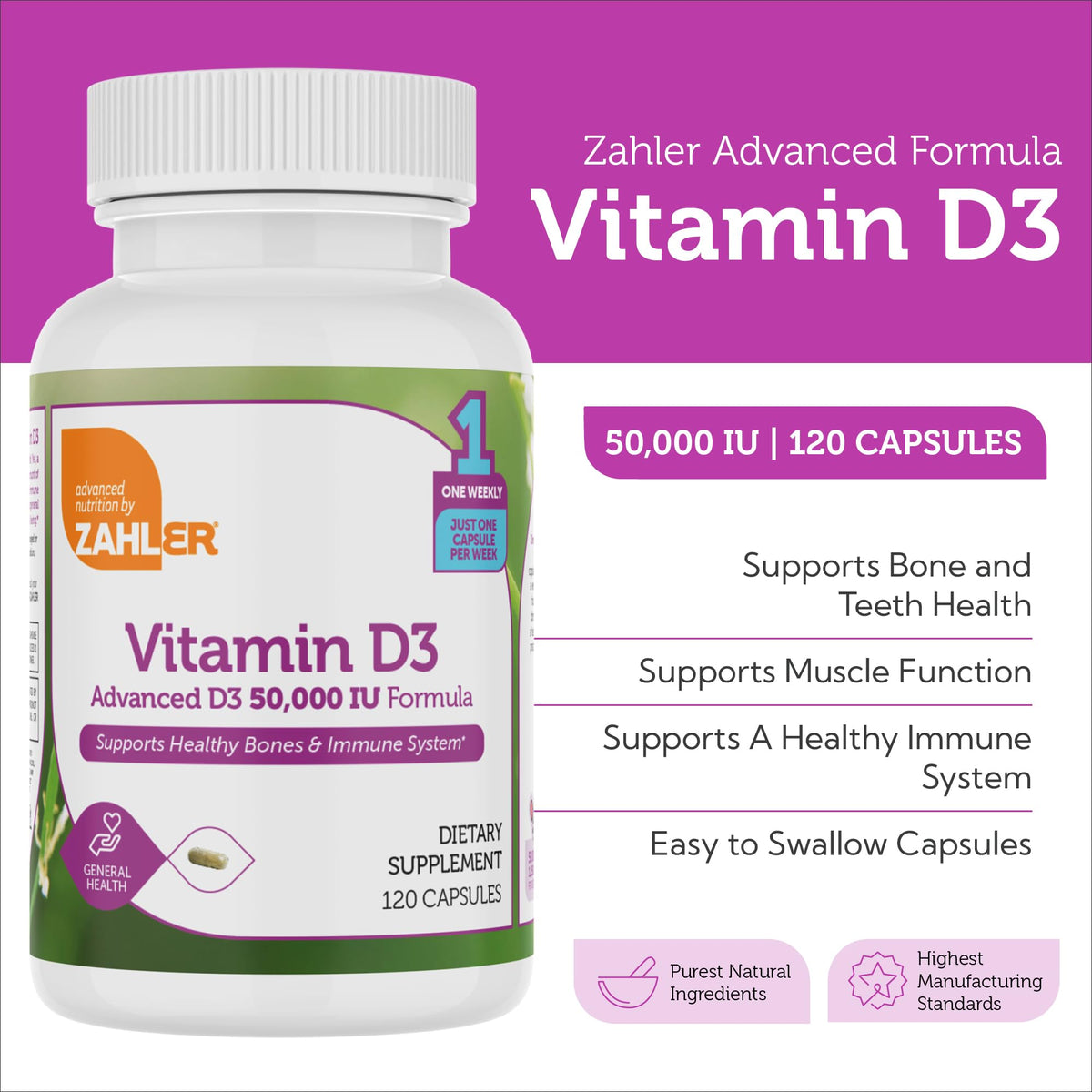 Zahler Vitamine D3 50000 UI 120 capsules avec étiquette