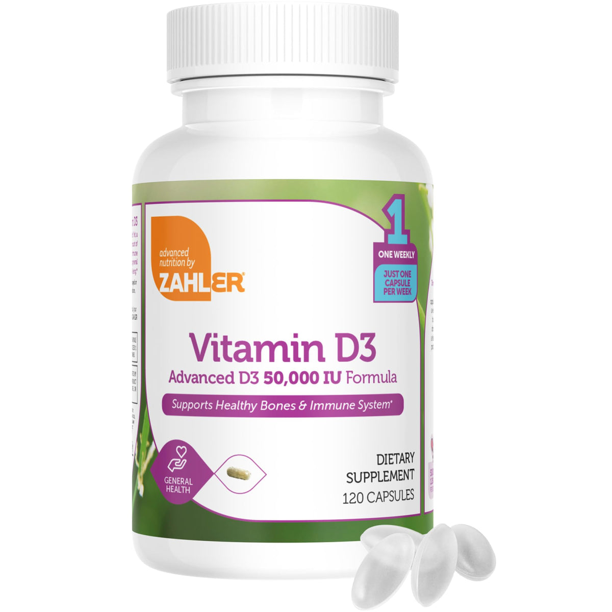 Zahler Vitamine D3 50000 UI capsules ouvertes montrant la taille