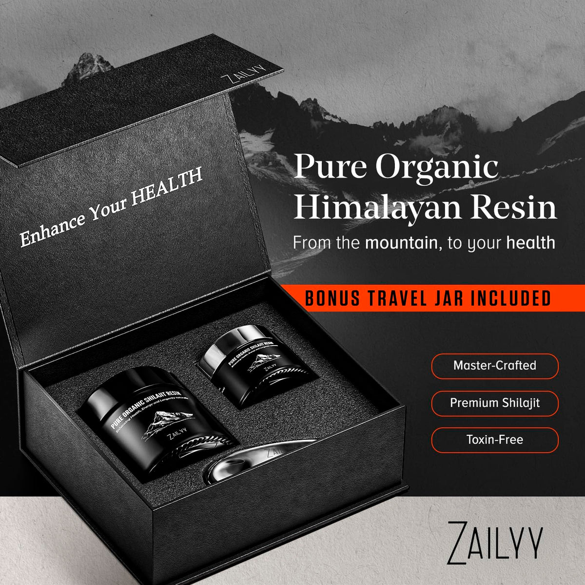 ZAILYY Résine de Shilajit Bio 800mg contenant ouvert avec résine visible