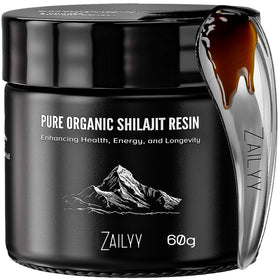 ZAILYY Résine de Shilajit Bio 800mg vue avant avec cuillère en métal