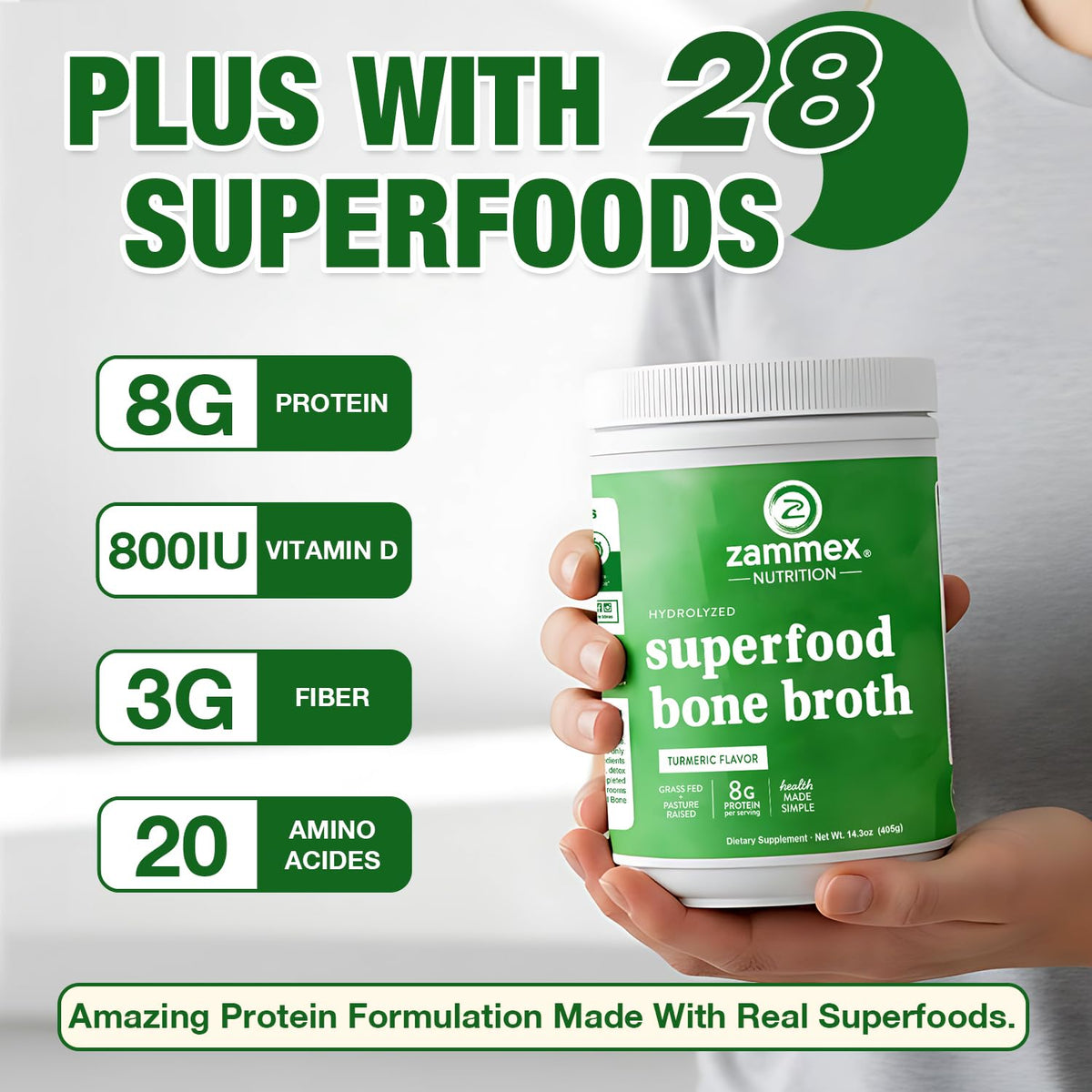 Zammex Poudre de Protéine de Bouillon d'Os 472g sur une table en bois