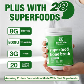 Zammex Poudre de Protéine de Bouillon d'Os 472g sur une table en bois