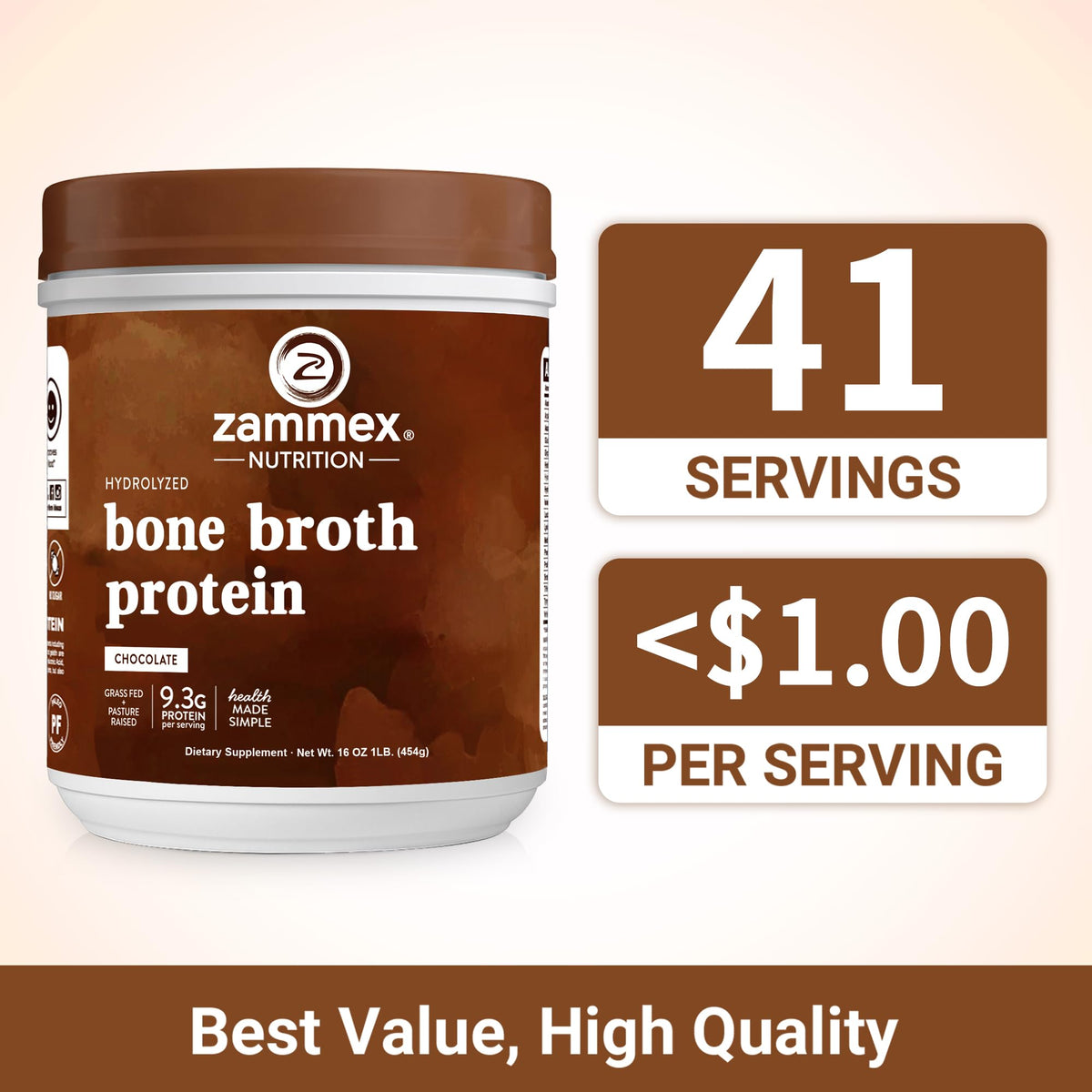 Zammex Poudre de Protéine de Bouillon d'Os Chocolat Chaud 581g sur une table en bois