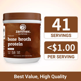 Zammex Poudre de Protéine de Bouillon d'Os Chocolat Chaud 581g sur une table en bois