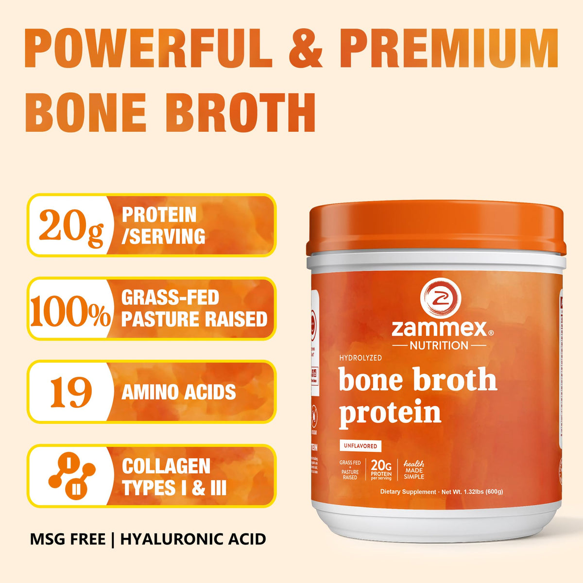 Zammex Poudre de Protéine de Bouillon d'Os de Boeuf 721g avec une cuillère doseuse