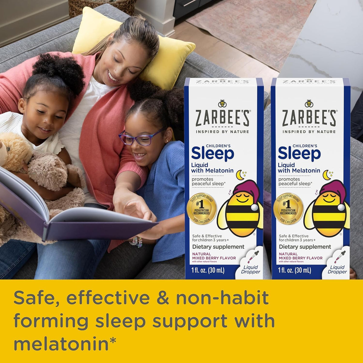Zarbee's Complément Alimentaire Sommeil Enfant 1 mg Mélatonine avec un enfant souriant