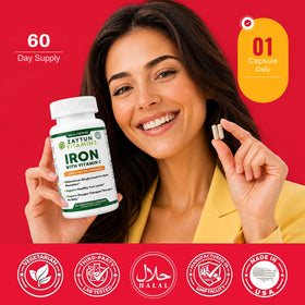 Zaytun Fer + Vitamine C, bouteille avec capsules sur une table