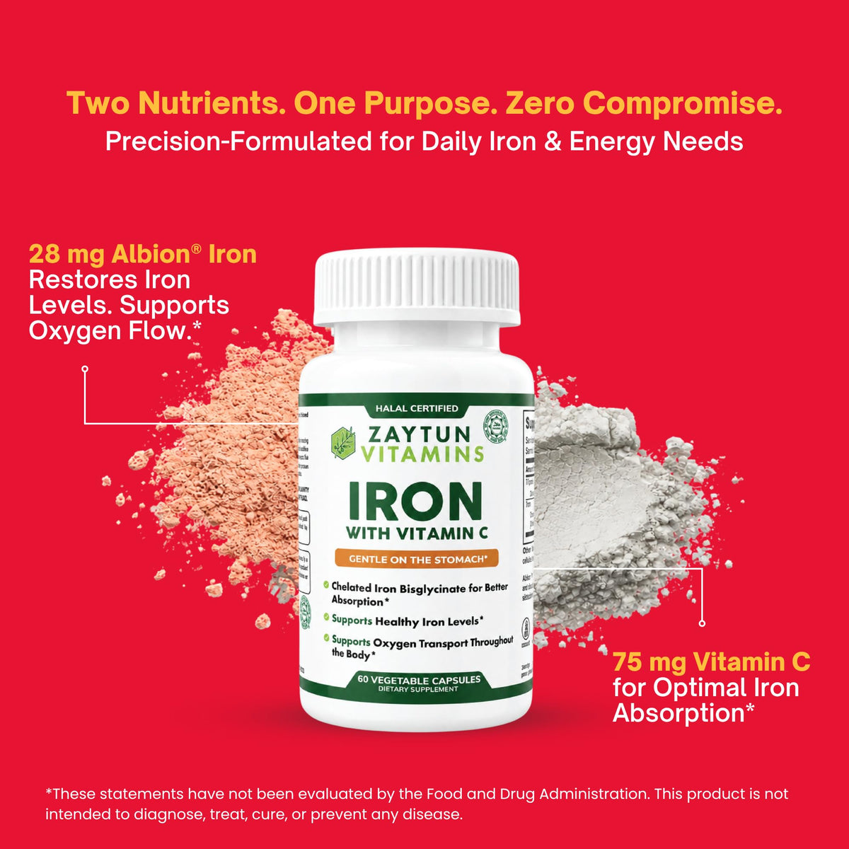 Zaytun Fer + Vitamine C, capsules ouvertes montrant leur contenu