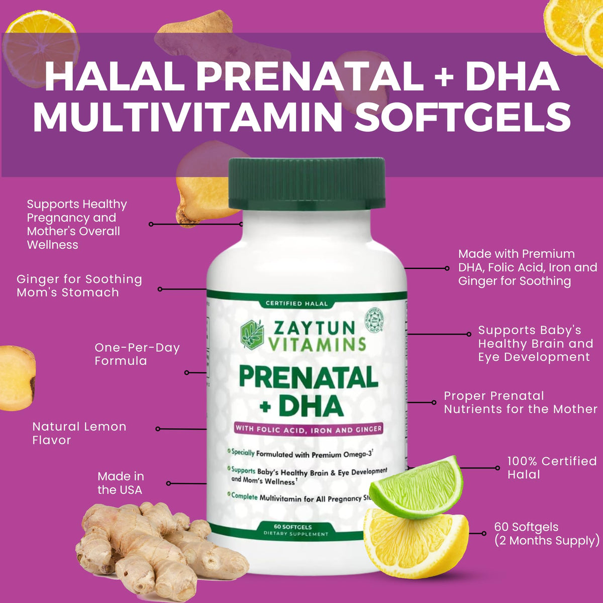 Zaytun Vitamins gélules prénatales Halal 60 unités, information nutritionnelle