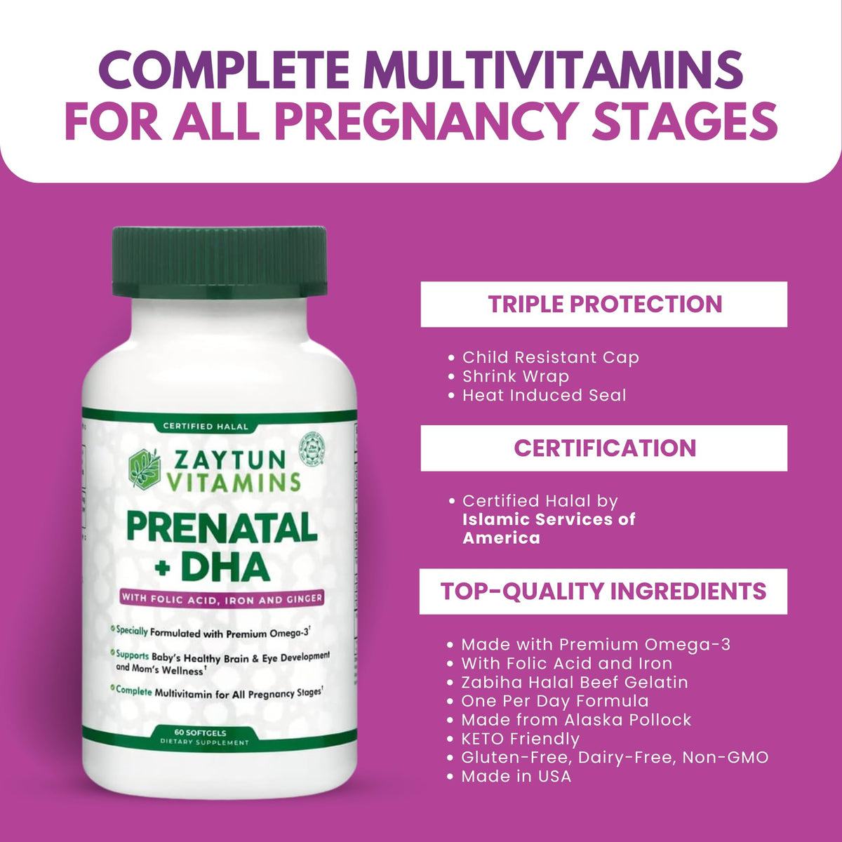 Zaytun Vitamins gélules prénatales Halal 60 unités, sur fond blanc