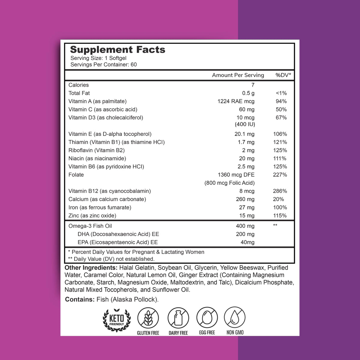 Zaytun Vitamins gélules prénatales Halal 60 unités, vue de côté