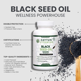 Zaytun Vitamins Huile de Graines Noires 500mg capsules sur un fond neutre