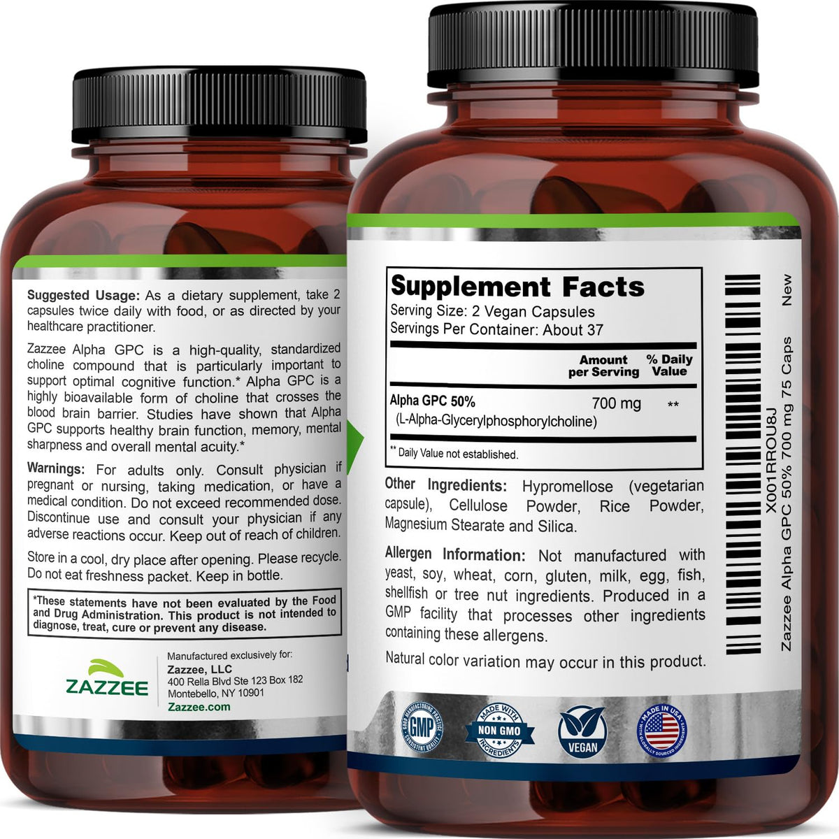 Zazzee Alpha GPC Choline 700 mg 75 Capsules - arrière du flacon