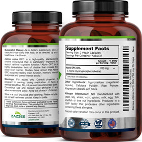 Zazzee Alpha GPC Choline 700 mg 75 Capsules - arrière du flacon