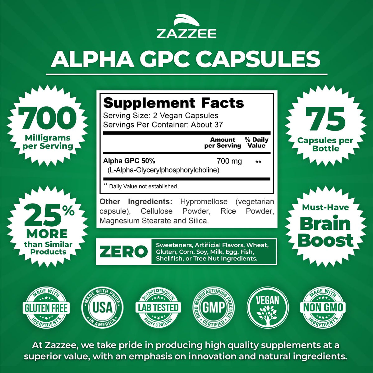 Zazzee Alpha GPC Choline 700 mg 75 Capsules - étiquette détaillée