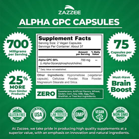 Zazzee Alpha GPC Choline 700 mg 75 Capsules - étiquette détaillée