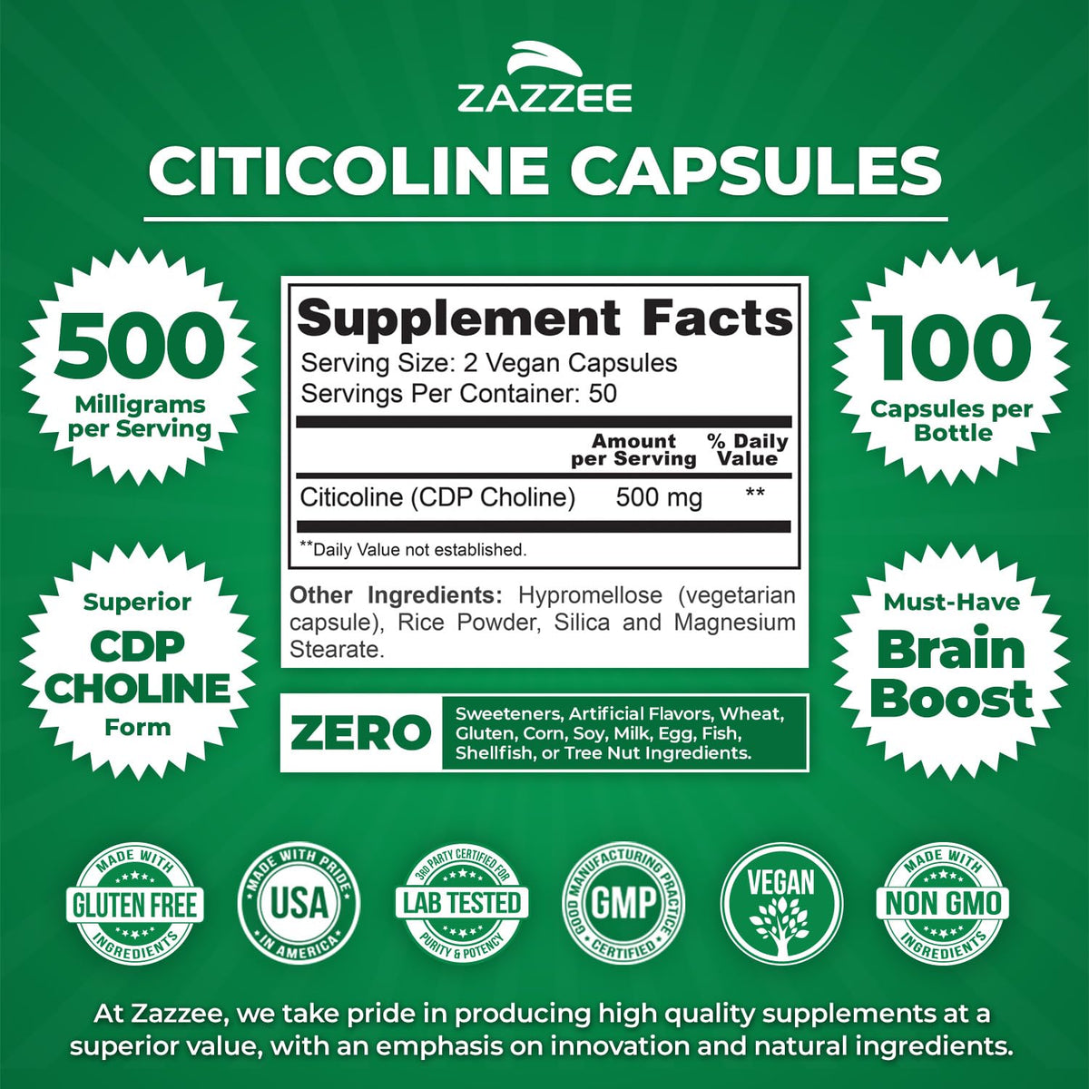 Zazzee Citicoline 500 mg étiquette du produit